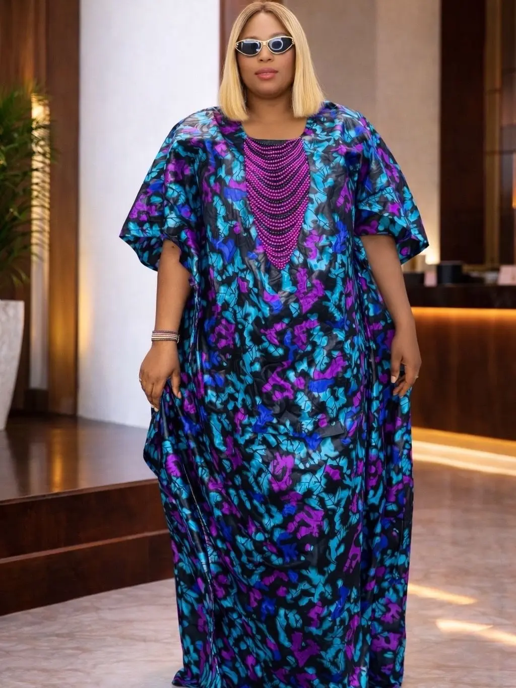 Radiant Abstract Floral Maxi Kaftan Gown with Purple Beaded Detail