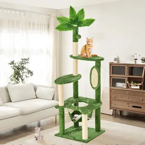 [Summer Vibes]WeCharmer Cat Tree / Tower for Indoor with Green Leaves, Cat Condo Cozy Plush House, Pet House with Cat Scratching Posts
