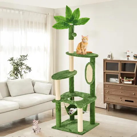 【Fall Deals For You】WeCharmer Classic Cat Tree - Indoor Pet Furniture with Green Leaf Top, Plush Cover Kitten Condo, Durable Sisal Scratching Posts, 55" Climb & Rest Area, 58" High Perch, Hammock Wrap Nap Spot, 600g Plush, Supports Up to 27.5lb Cats