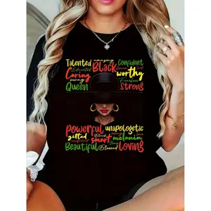 1pc African American Women'S Empower T-Shirt   Soft Breathable Short Sleeve Tee with Positive Affirmations and Geometric Pattern, Ruffled Hem Elegant Design for Summer, Birthday Gift (S-XXXL), Em