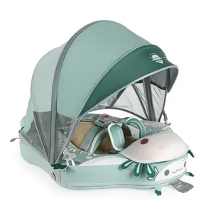 Mambobaby Non-Inflatable Green Axolotl Baby Swim Float with Detachable Canopy, UPF 50+ Sun Protection, 5-Point Safety System, Dual-Position Float for Babies 3-24 Months
