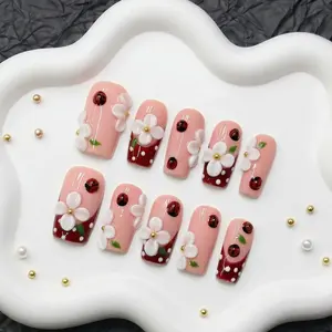 Divineluxe Nails｜10PCS 100% Handmade Press-On Nails｜Reusable Colorful Art Acrylic Stylish｜Ladybug & Cherry Blossom｜D173 1.0 Inch