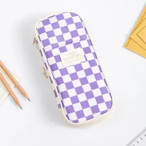 Double Layer Expandable Pencil Case with Zipper, Plaid Pen Bag and Storage Box for Teens, Durable Twill Fabric, Fashion Design