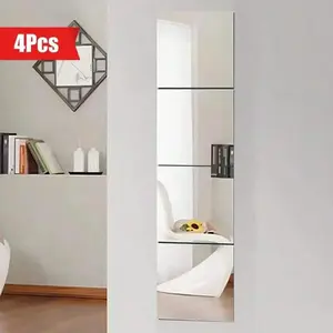 Square Acrylic Mirror Wall Sticker, Decorative Wall Sticker, 4 Counts/set Removable Self-adhesive Mirror Wall Decal, Wall Decor for Home Living Room Bedroom Office, Ornaments