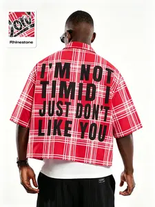 Red plaid short button-up shirt with rhinestone letter print, Y2K street style 'I'm not timid' pattern, unisex casual short-sleeve aesthetic top