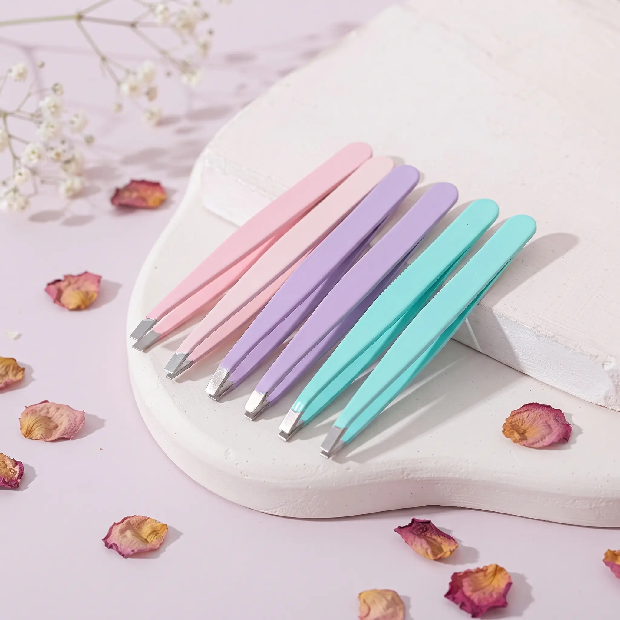 2Pcs Pastel Stainless Steel Eyebrow Tweezers Set, Premium Stainless Steel Precision Plucking Tweezers with Stable Tension for Eyebrow, Lip & Facial Fine Hair