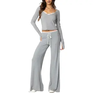 Women's 2 Piece Lounge Sets Fold-over Flare Pants Set， Long Sleeve Cropped Top Casual Outfits ，Women Fall Outfit Lace Trim Scoop Neck Crop T-shirt Drawstring 2 Pcs Set
