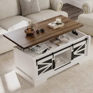 Lift Top Coffee Table, Multifunction Coffee Table with Sliding Barn Door, Hidden Storage Compartment, Convertible Center Dining Table with Adjustable Shelf for Living Room