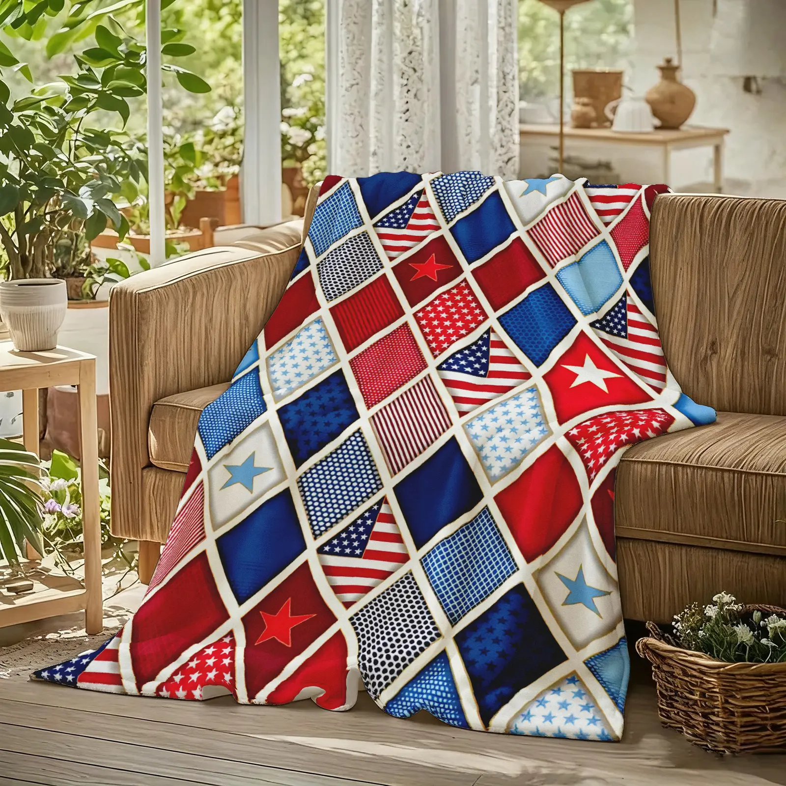 American Flag Patchwork Quilt Pattern Blanket, 1 Count Soft Warm Flannel Throw Blanket, Cozy Nap Blanket for Home Office Travel