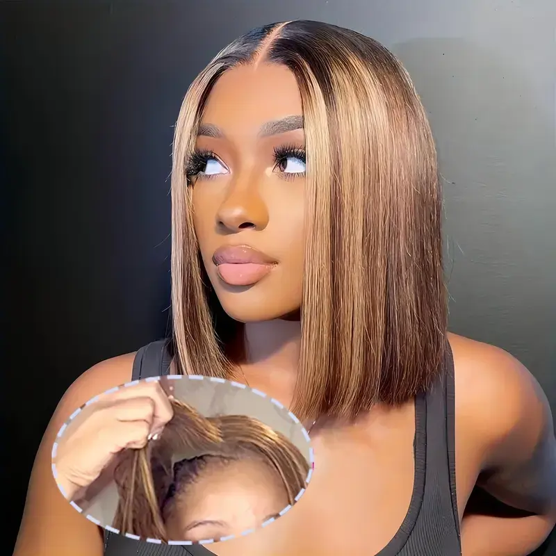 SUKI ORIGINAL Highlight Ombre Color Glueless Lace Short Bob Wigs Straight 180% Density Human Hair Pre Plucked Ready To Wear 6x4 Closure Wig for Women Summer Color