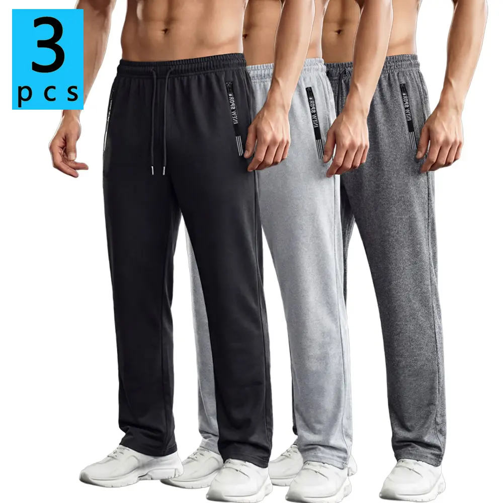 Male Casual Athletic Joggers, Solid Polyester Straight-Leg Pants with Zip Pockets for All Seasons Fitness and Running, Elastic Waist, Machine Washable, Normal Type, Ankle Length Pants