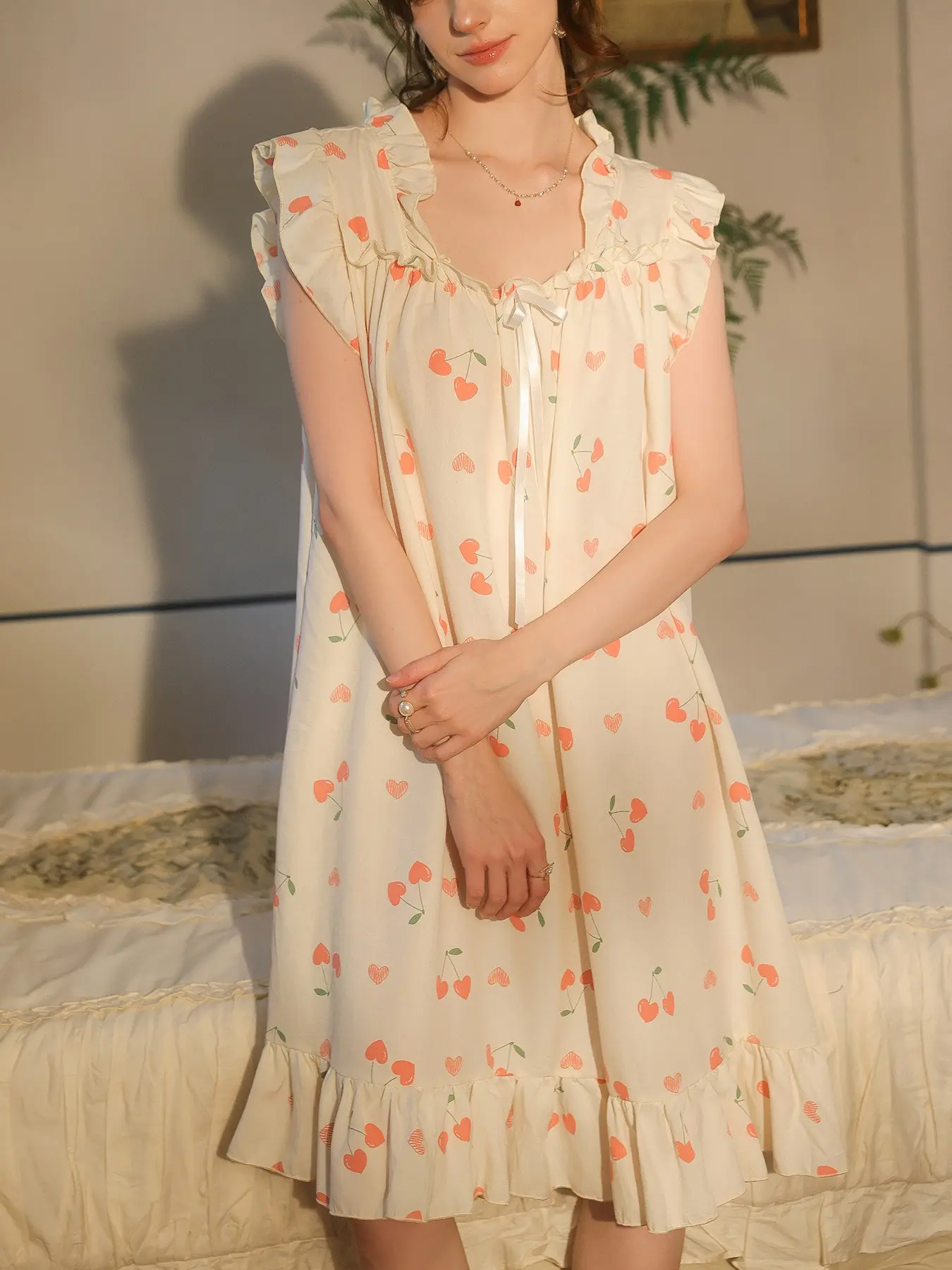 Loose Fit Women's Nightgown, Sleeveless Ruffle Cute Cherry Print Sleepwear, Soft and Skin-Friendly Home Clothing, Daily Wear Bedroom Loungewear, Womenswear, Feminine