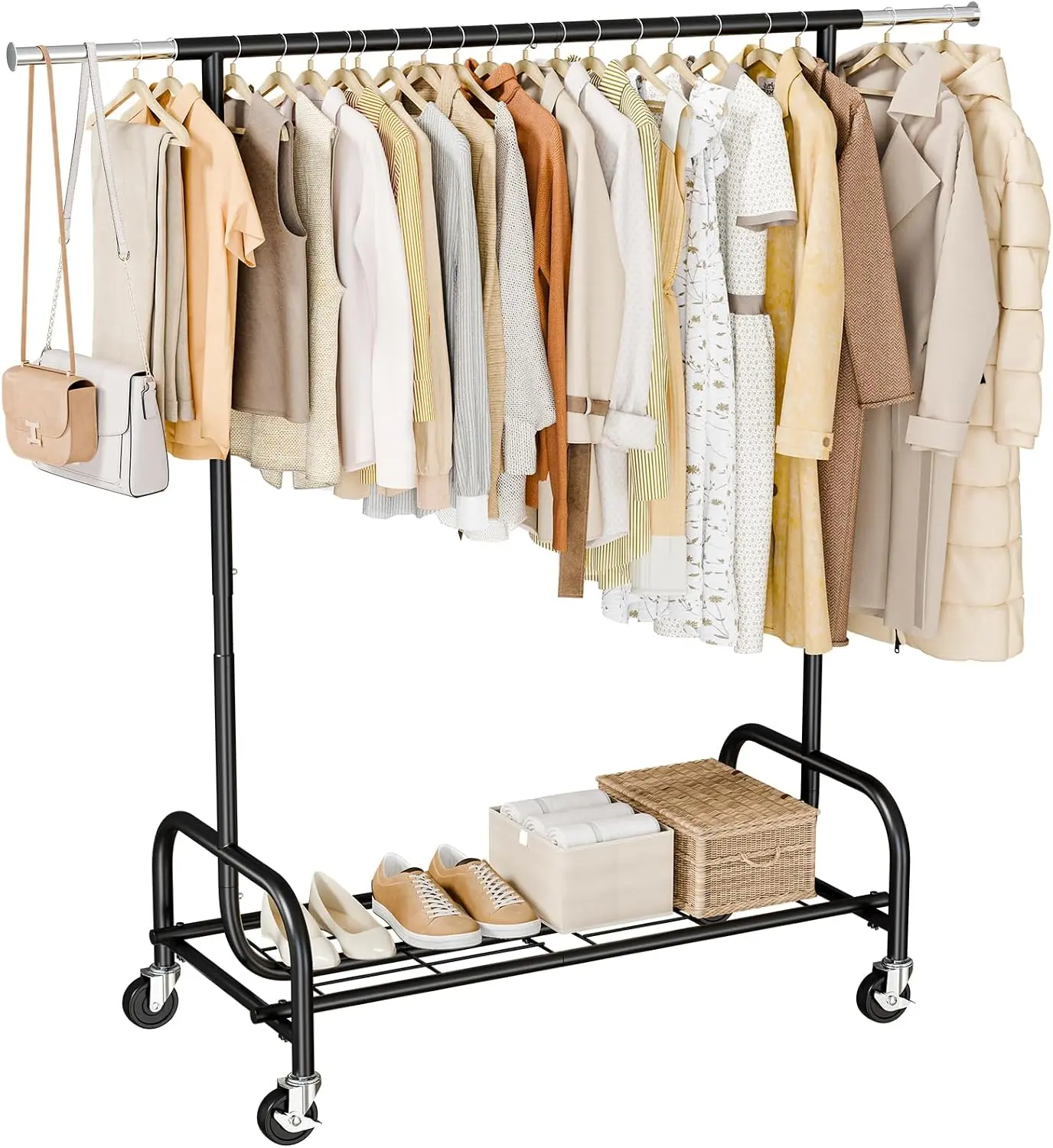 Sweetcrispy 450 LBS Reinforced Steel Heavy-Duty Clothing Rack, Extendable Rod, 4 Wheels & Locks, Tool-Free Metal Rolling Garment Rack with Storage Shelves for Bedroom Closet, Laundry Room