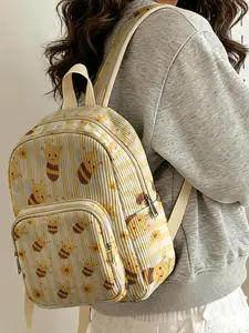 1 piece of lady's two-shoulder bag with 2D printed bee and flower pattern, chenille texture + layered storage + light weight reduction | Suitable for students to go to class/shopping/short trips | Combines atmosphere with practicality