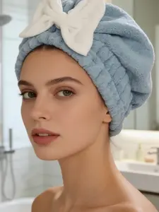 New Spring Summer Thick Drying Cap Blue Bow Absorbent Quick-Dry Head Wrap Bath Hat, Cute Style, All Seasons Use, Hair Towel Wrap