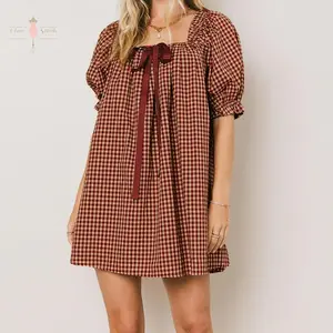 Women Plaid Summer Dress Loose Bow Square Neck Puff Sleeve Short Dress for Daily Travel Casual Polyester Red Womenswear