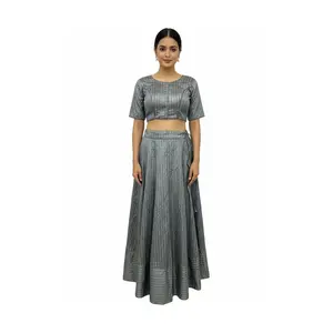 #K53 Grey Gold-Stripe Two‑Piece Set (Top + Skirt/Lehenga )