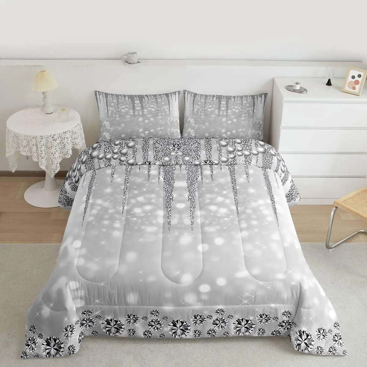 Grey Glitter Comforter Set,Diamond Pearls Silver Bedding Set,for Kids Teens Girls Men Room Decor Luxury Sparkling Jewelry Quilt Set,Starlight Galaxy Duvet Insert
