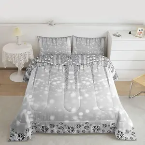 Grey Glitter Comforter Set,Diamond Pearls Silver Bedding Set,for Kids Teens Girls Men Room Decor Luxury Sparkling Jewelry Quilt Set,Starlight Galaxy Duvet Insert