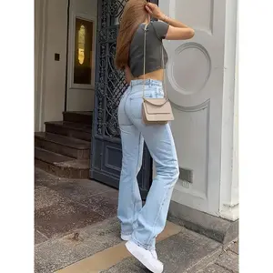 High-Waisted Light Washed Straight Jeans, Slash Pocket Casual Loose Fit Denim Pants for Women