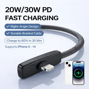 90° Right Angle Lightning Cable, Fast Charging Braided Cord for iPhone 5/6/7/8/X/11/11 Pro Max, No Hand Blocking Gaming Charger Cable, Durable L-Shaped iPhone Charging Cord