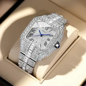 Men's 42mm Square Waterproof Luxury Watch - Silver Iced-Out Full Diamond Bustdown Design, Baguette Band, Roman Numeral Dial, Hip Hop Bling Style Fashion Men's Jewelry for Everyday Wear, Watches