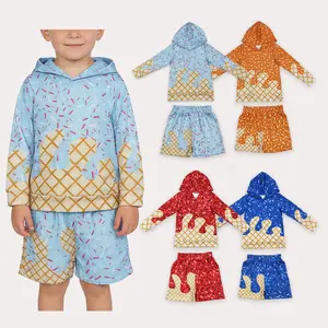Boys' 2-Piece Athletic Casual Suit - Blue Sprinkle Print Long-Sleeve Hoodie with Pockets & Shorts, Fitted Cut Cotton Kids' Clothes, All-Seasons Athletic Street Fashion