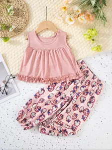 Toddler Girl's Floral Print Ruffle Trim Cotton Tee & Plaid Print Pants Two-Piece Set, Cute Casual Short Sleeve T-Shirt & Elastic Waist Trousers for Daily Wear, Kids Summer Clothes