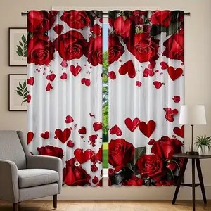 Elegant Rose and Heart Backdrop Curtain Set, Window Curtain, Window Decorations Supplies, Midnight Valentine's Day Decor for Bedroom and Living Room, Semi-Transparent Polyester Fiber