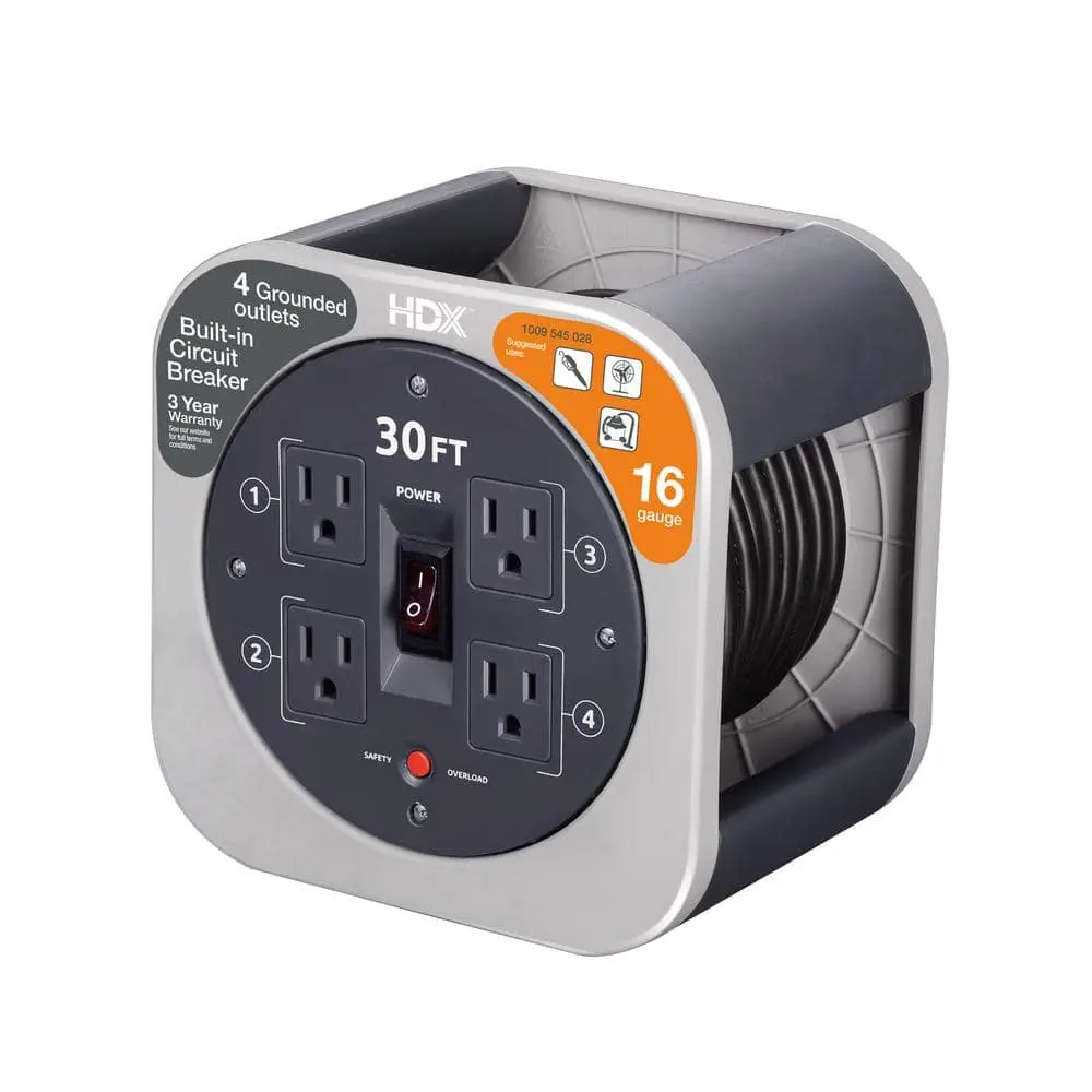 Heavy-Duty Wire Cord Reel, 30 ft 16/3 Extension Cord with 4 Grounded Outlets, Surge Protector, Indoor Use, Overload Safe (Gray), Heavy-Duty Wire Cord Reels