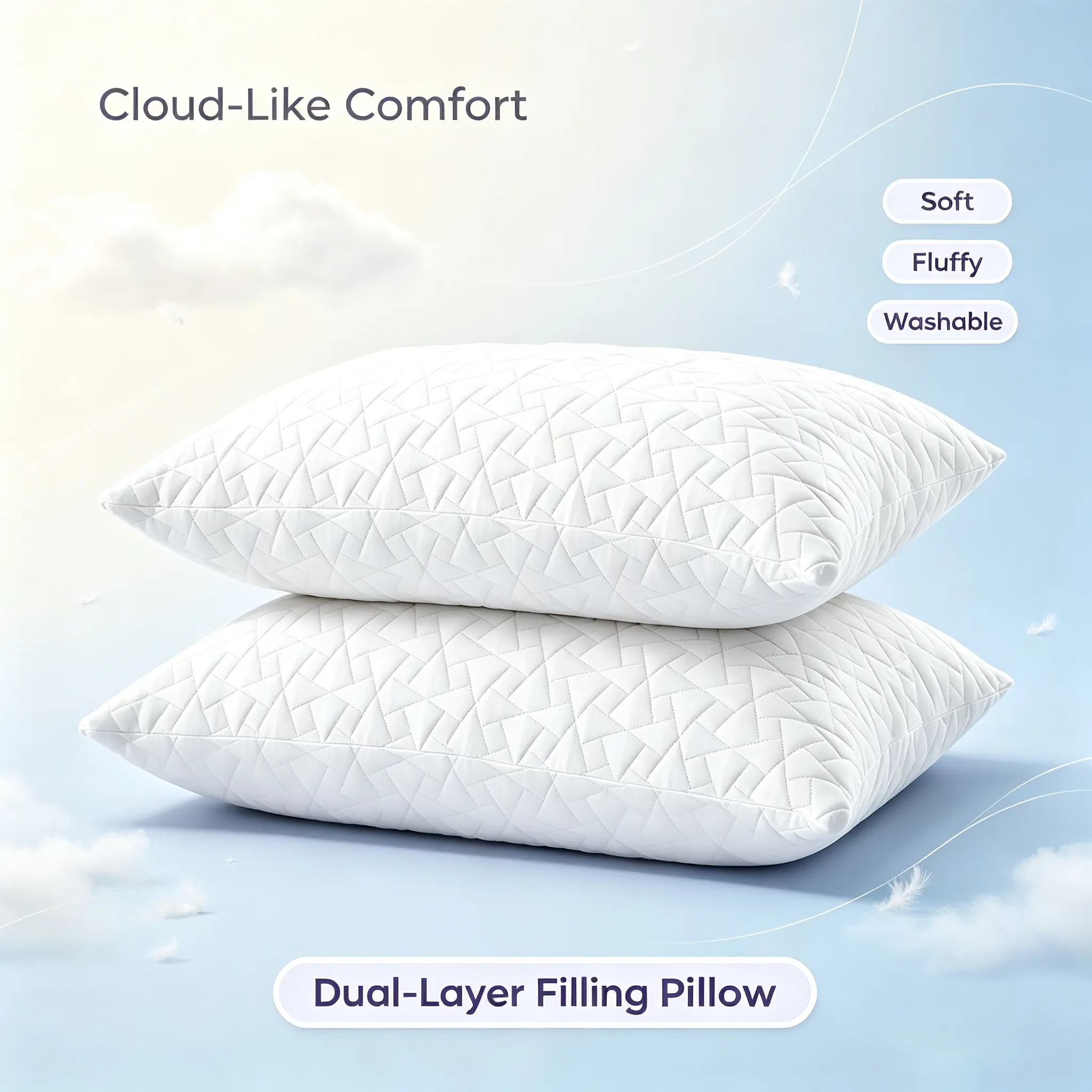 Benazcap 2pcs Hotel Collection Rectangular Cotton Flat Weave Deep Sleep Neck Pillow - Adjustable Loft, Neck Support, Non-Collapse, Hypoallergenic for Side/Back Sleepers,Cozy Bed Pillow