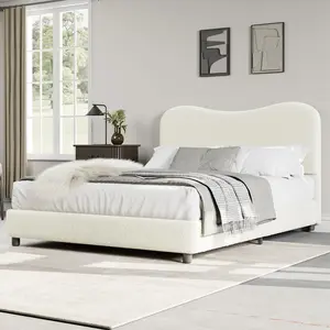 Velvet Upholstered Bed Frame with Boucle Headboard, Soft Rounded Corners Platform Bed with Low Profile Sturdy, Heavy Duty, Wooden Slats, Noise Free, Easy Assembly, Beige