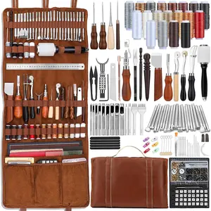 Leather Tooling Kit Leather Craft Tools Leather Working Kit with Custom Handbag  Mats Engraving Punching Sewing Stamping Sanding Tools Leather Tools for Leather Working Professional