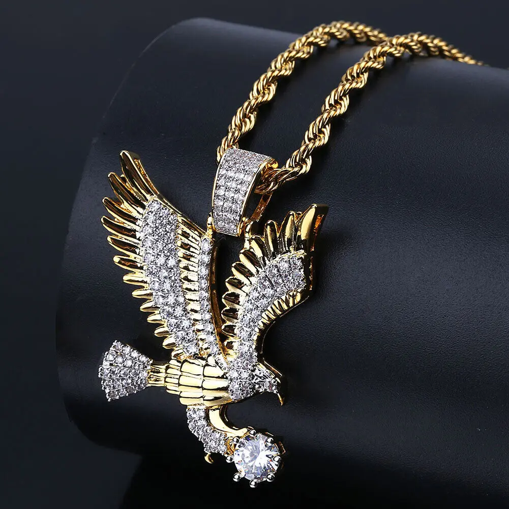 MaxBling81 AAA+ Brass Eagle Motif Cubic Zirconia Pendant Necklace - 3mm Rope & Link Chain (18-20-24in Sizes), Unisex Hip Hop Daily Fashion, Heavyweight Gold Plated Chunky Statement Gems Chain Jewelry Necklace, Gems Necklace, Statement Necklaces