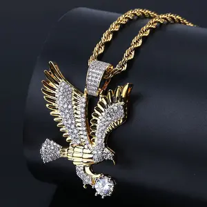 AAA+ Brass Eagle Cubic Zirconia Pendant & 3mm 18" 20" 24" Rope Chain Hip Hop Style Necklace Jewelry for Unisex, Men, Women