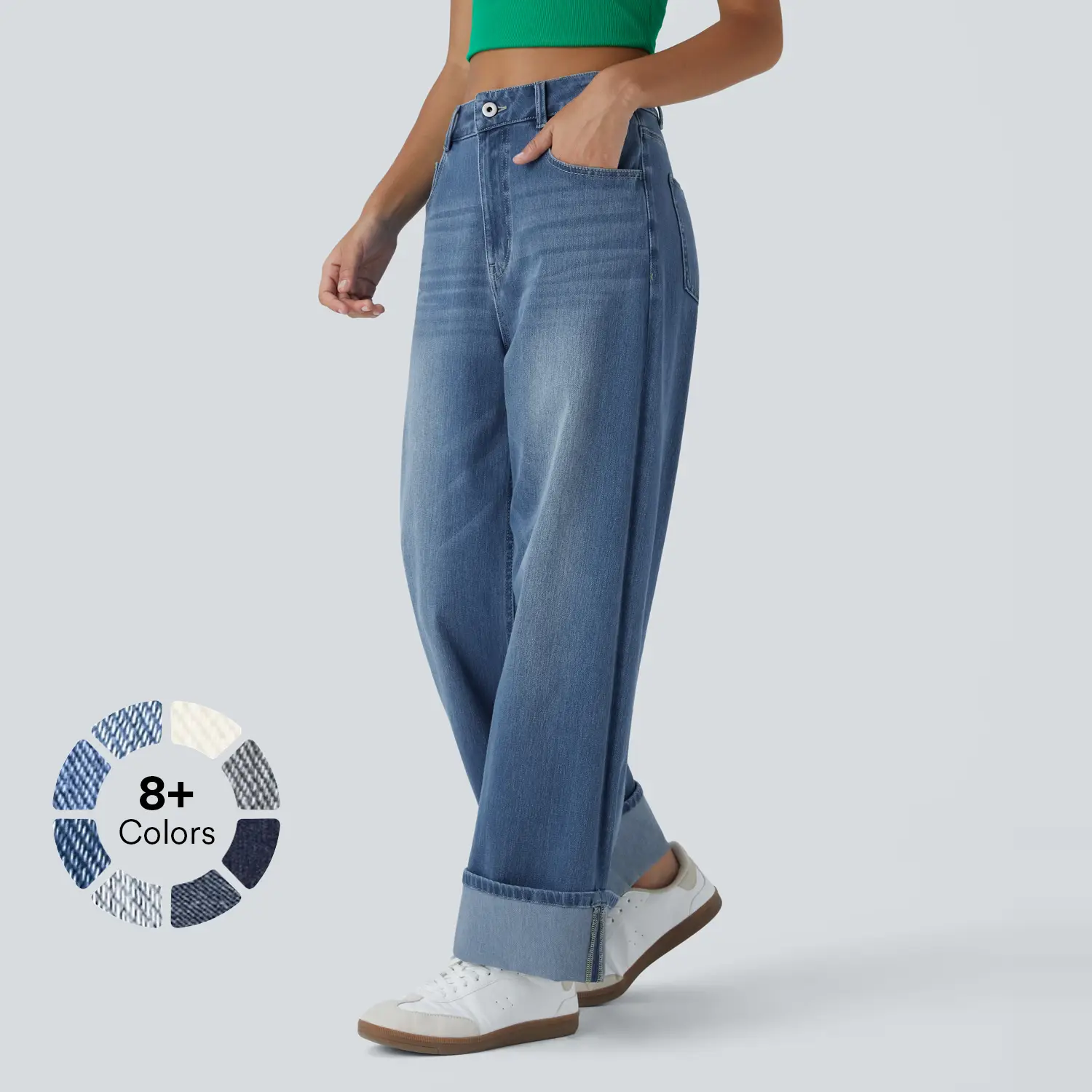 Halara Flex High Waisted Pockets Rolled Hem Wide Leg Washed Casual Jeans
