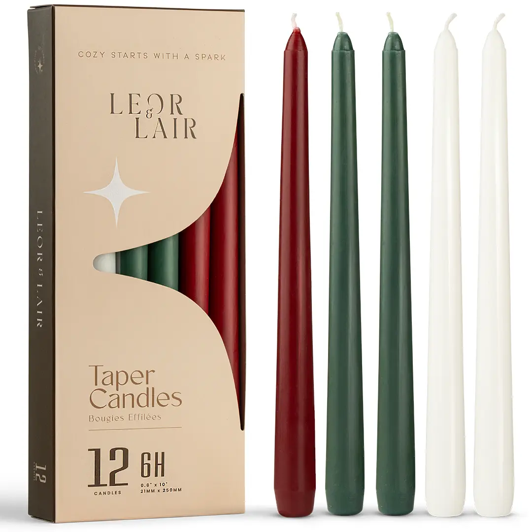 Leor & Lair 10” Christmas Taper Candles – Red & Green Christmas Candlesticks, Long Burning Holiday Dinner Table Candles for Advent, Weddings & Home Decor, 4 or 12 Pack