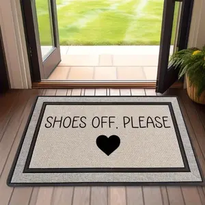 Washable "Please Take Off Your Shoes" Welcome Mat, Charming Heart Design, Durable Polyester Mat, Home Decorative Rug, Painted Floor Rug Ideal for Entryways, Patios, Porches and Farmhouse Decor, Washable Rug Door Mat