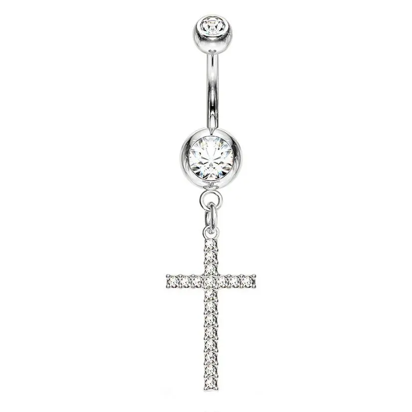 Cross CZ Belly Button Ring