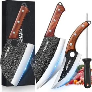 Butcher Knife Set, 4 PCS Serbian Chef Knife Set with Gift Box, Hand Forged Kitchen Knife Set Meat Cleaver Boning Knife Viking Knife with Sheaths for Home Cooking Camping Outdoor BBQ