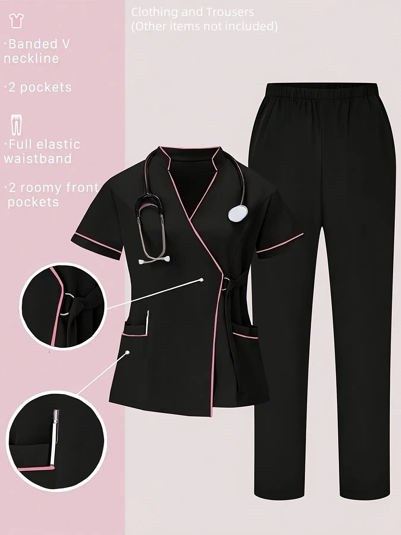 Women's Colorblock Stand Collar Short Sleeve Set, Fashion Trim Workwear Uniforms, Beauty Salon Hand Brush Center Two-Piece