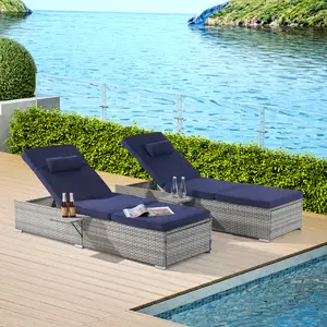 Wicker Chaise Lounge Set of 2, Outdoor Patio Lounge Recliner Chair with Adjustable Backrest,Side Shelf for Garden Yard Poolside