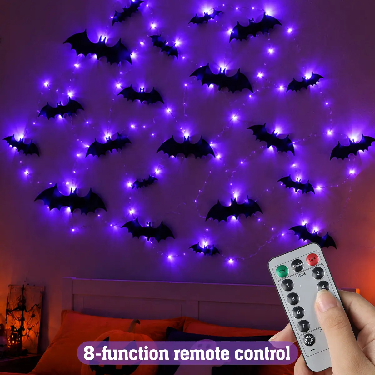 28Pcs Spooky Remote-Controlled 3D Bat-Shape Purple LED String Lights, Halloween Fairy Lights with Nano Glue Dot Stickers, Indoor Wall Window Door Party Decor (Batteries Not Included)