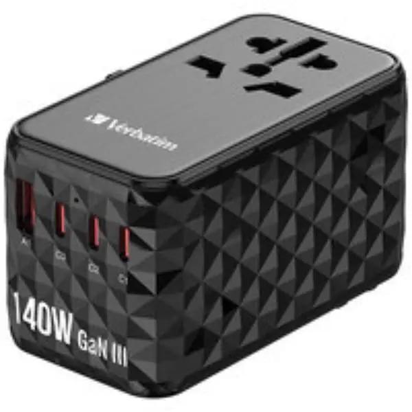 Verbatim VER32125 UTA-10 GaN III Universal Travel Charger for Cellphone, Mobile Devices - 140W, USB-C, USB-A, EU Type Adapter