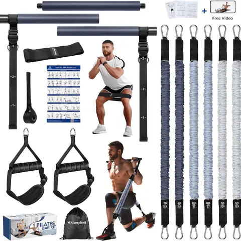 ALongSong Unisex Resistance Bands Set with Adjustable Handle Pilates Bar - Compact Home Gym Equipment, 20-70 lbs Strength Training Kit, Low Impact Fitness Gear for Full Body & Legs