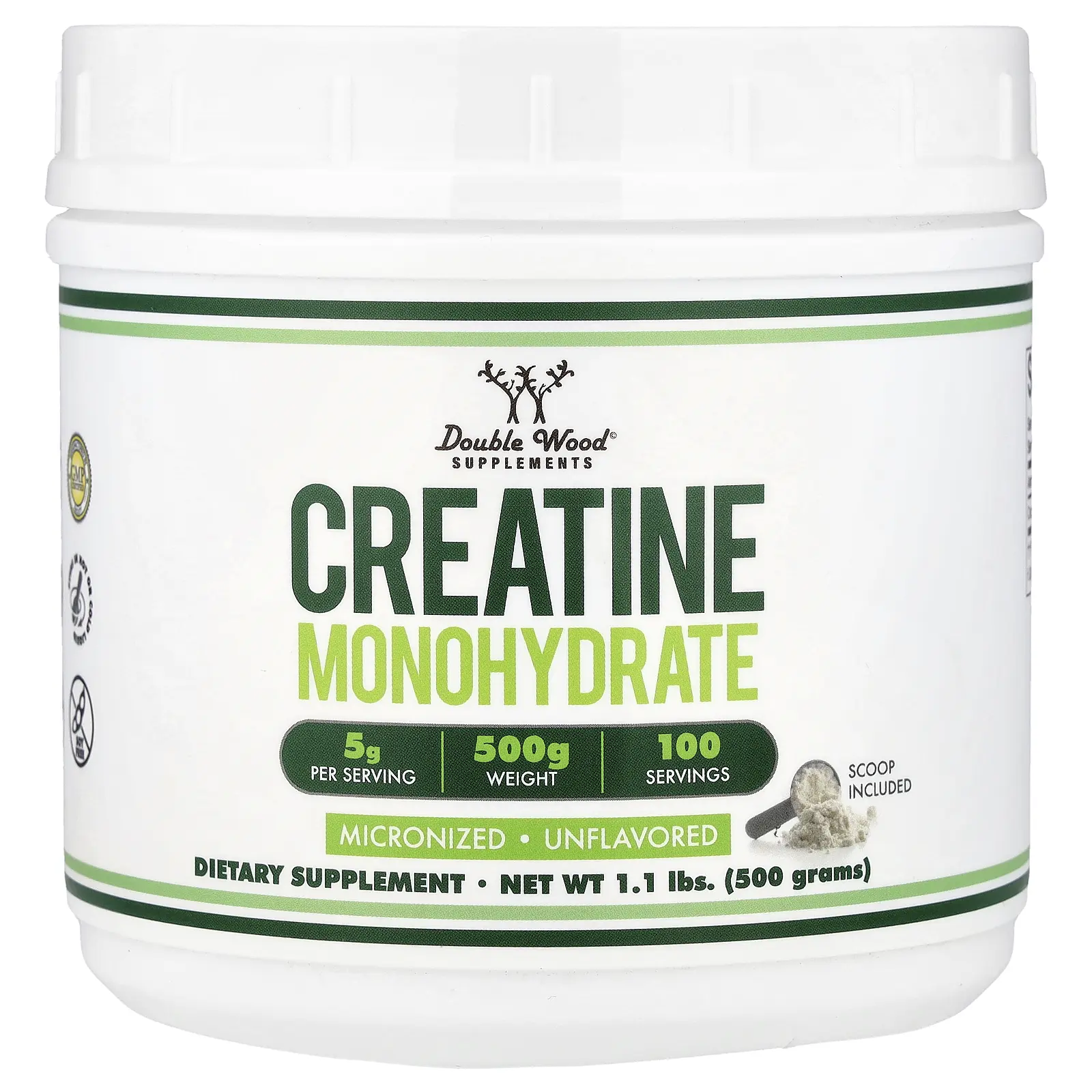 Double Wood Supplements Creatine Monohydrate Powder, Unflavored, 1.1 lbs (500 g)