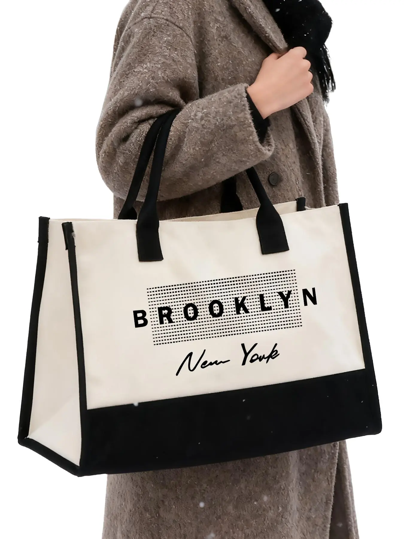 Women's Shopping Bag with New York & Brooklyn Print, Geometric Pattern Tote, Crossbody Shoulder Handbag, Large Capacity, Casual Fashion, Block