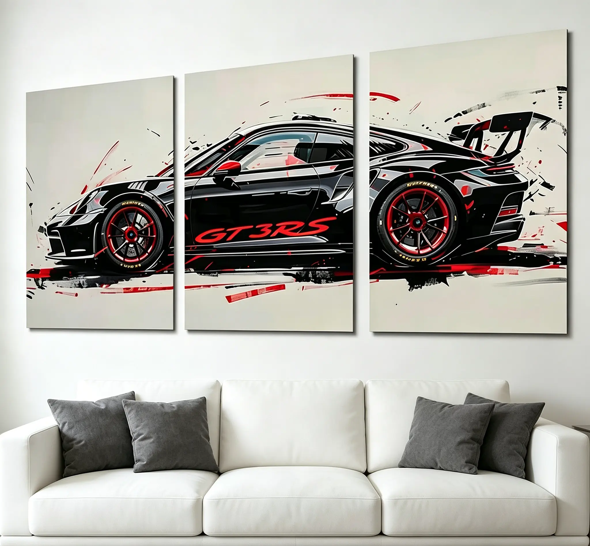 Artistic Porsche 911 GT3 RS Graffiti Hanging Wall Art - HD Print Frameless Canvas Poster, Black-Red Sports Car Racing Graphic, Modern Room Decorations for Living Room, Bedroom, Indoors