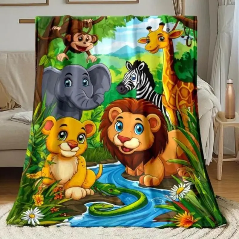 Flannel Safari Animal Throw Blanket - Soft, Warm, Child-Friendly, Colorful, Animal Artwork Design, 4 Sizes for Kids & Adults, Home Bedroom Sofa Decor, Perfect Birthday Gift, Animal Artwork Blankets, Colorful Animal Blankets