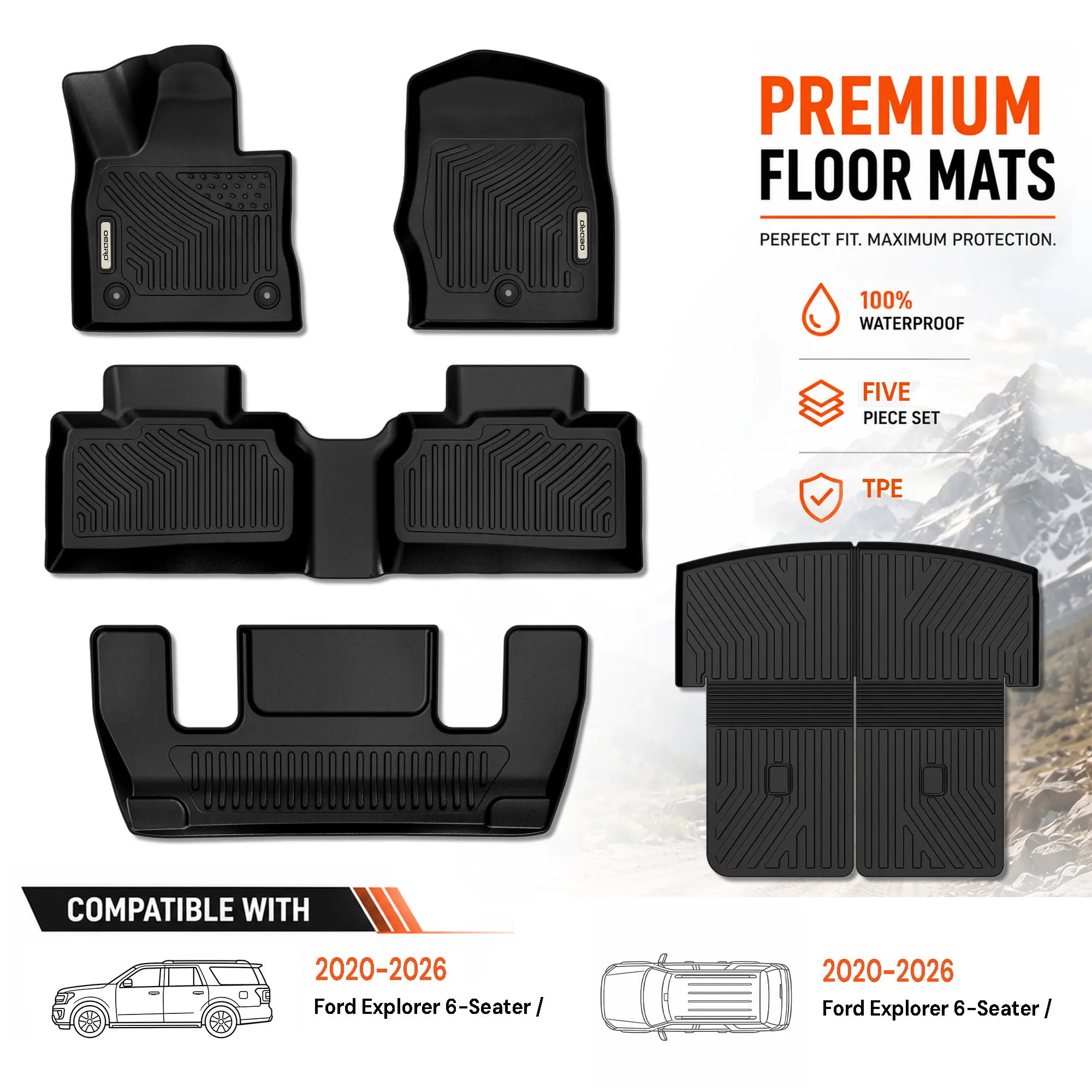 OEDRO TPE Floor Mats fits 2020-2026 Ford Explorer 6 & 7 Passenger, 1st, 2nd, 3rd Row & Trunk Mat & Seat Back Mat, All Weather, Waterproof